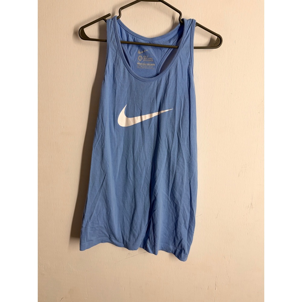Nike Womens XL Slim Fit Racerback Tank Top Light Blue White Swoosh Cotton Logo